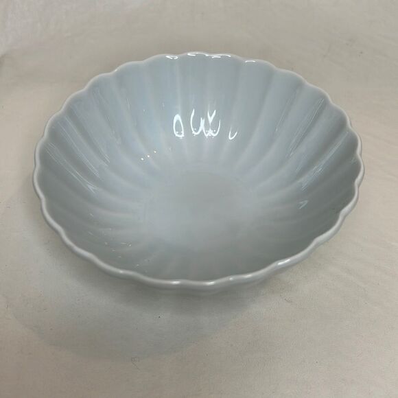 Porcelain Bowl 4 3/4 In Round 1 3/4 In Tall Vintage Sea Stripe Blue Green Ribbed - Picture 1 of 8